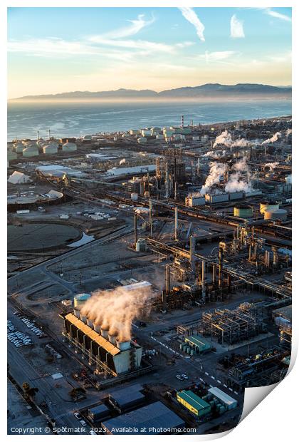 Aerial of Industrial Pacific coastal oil refinery California Print by Spotmatik 