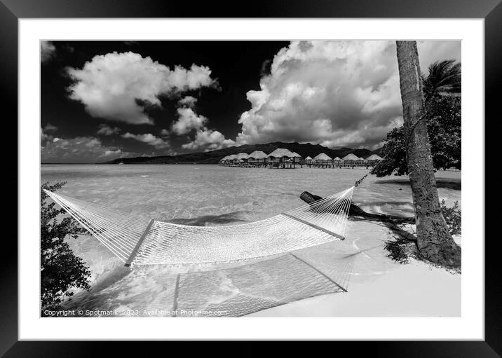 Beach hammock Bora Bora with Overwater luxury Bungalows  Framed Mounted Print by Spotmatik 