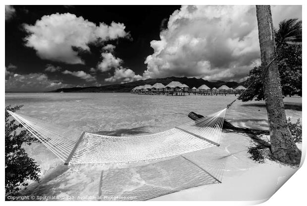 Beach hammock Bora Bora with Overwater luxury Bungalows  Print by Spotmatik 