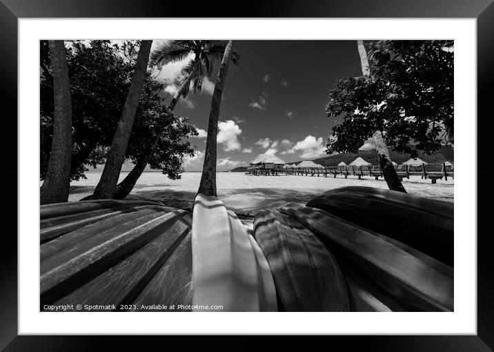 Bora Bora canoes Overwater Bungalows luxury resort Polynesia Framed Mounted Print by Spotmatik 