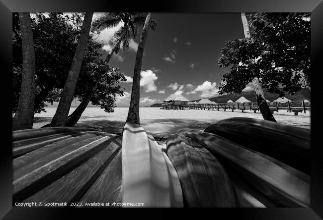 Bora Bora canoes Overwater Bungalows luxury resort Polynesia Framed Print by Spotmatik 