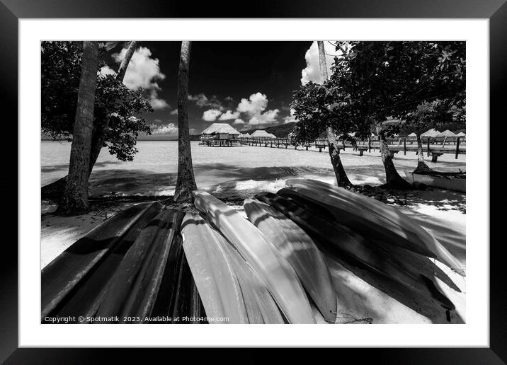 Bora Bora canoe boats Overwater Bungalows luxury resort  Framed Mounted Print by Spotmatik 