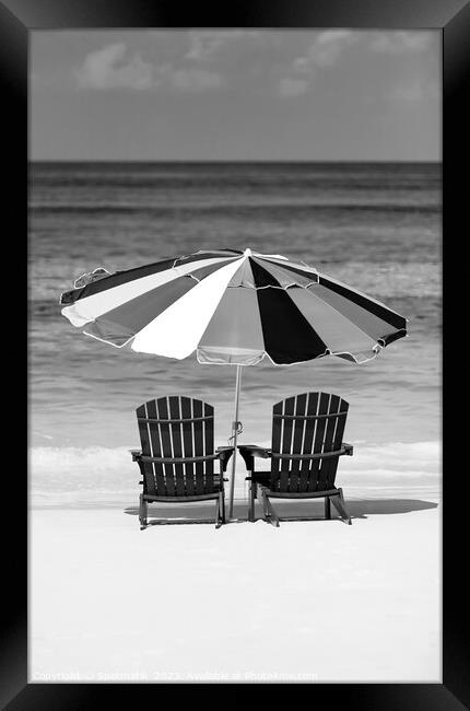 Bahamas Travel vacation beach sun loungers with umbrella  Framed Print by Spotmatik 