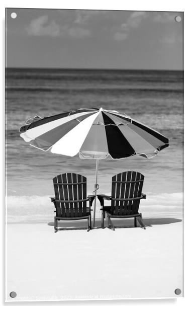 Bahamas Travel vacation beach sun loungers with umbrella  Acrylic by Spotmatik 