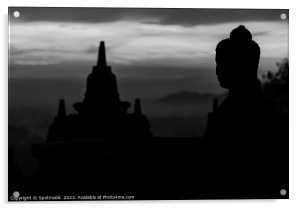 Silhouette at sunrise of Borobudur religious temple Indonesia  Acrylic by Spotmatik 