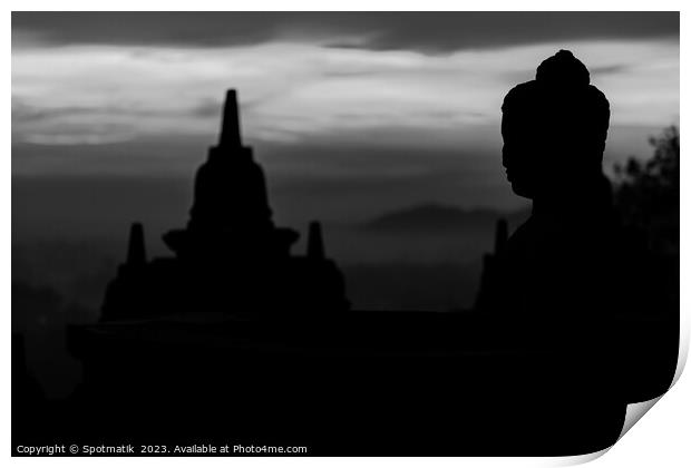 Silhouette at sunrise of Borobudur religious temple Indonesia  Print by Spotmatik 