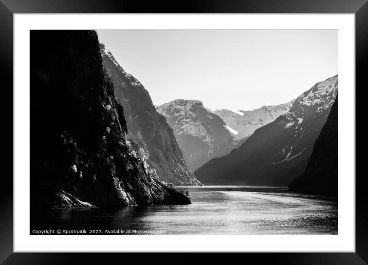 Norway travel mountain valley on glacial fjord Scandinavia Framed Mounted Print by Spotmatik 