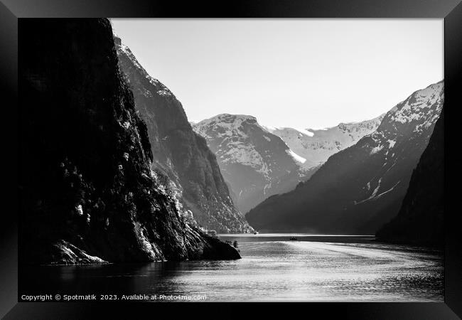 Norway travel mountain valley on glacial fjord Scandinavia Framed Print by Spotmatik 