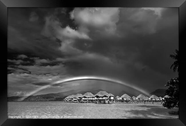 Rain shower creating Multicolored rainbow Bora Bora Resort Framed Print by Spotmatik 