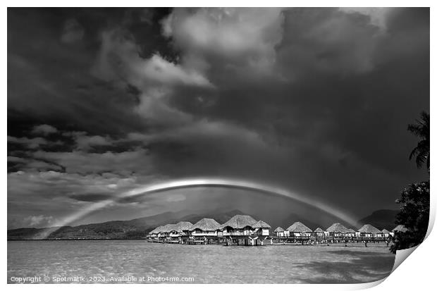 Rain shower creating Multicolored rainbow Bora Bora Resort Print by Spotmatik 