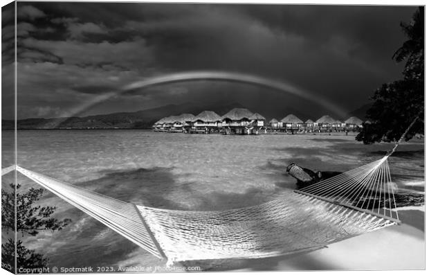 South Pacific rainbow Bora Bora beach resort hammock  Canvas Print by Spotmatik 