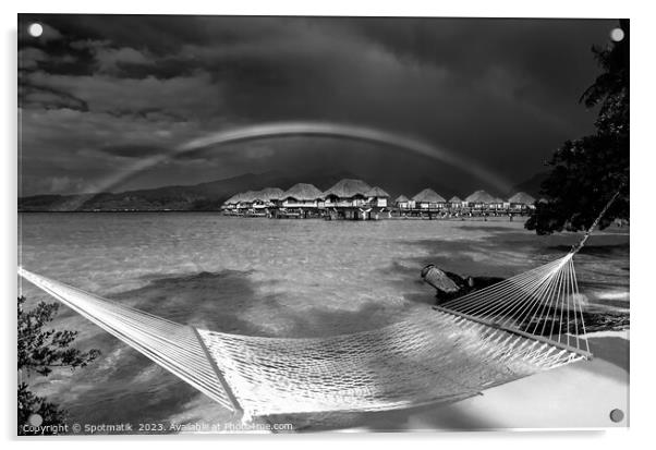 South Pacific rainbow Bora Bora beach resort hammock  Acrylic by Spotmatik 
