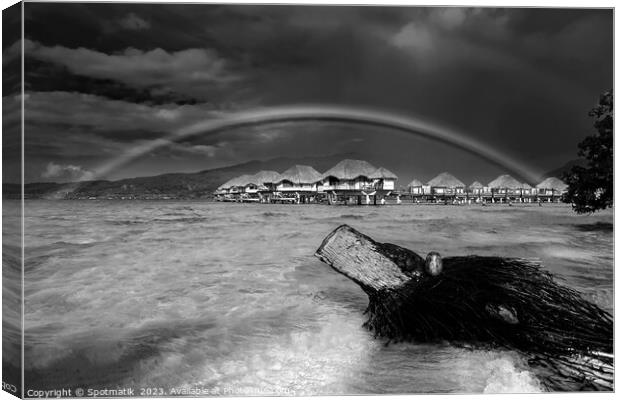 Rainbow over Bora Bora Island Hotel Overwater bungalows  Canvas Print by Spotmatik 