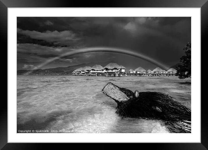 Rainbow over Bora Bora Island Hotel Overwater bungalows  Framed Mounted Print by Spotmatik 