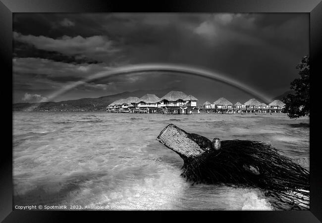 Rainbow over Bora Bora Island Hotel Overwater bungalows  Framed Print by Spotmatik 