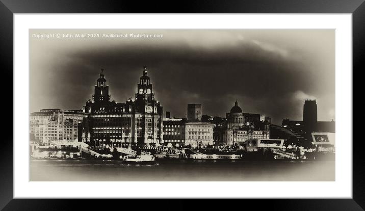 Liverpools Three Graces at night Framed Mounted Print by John Wain