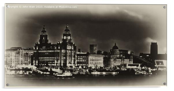 Liverpools Three Graces at night Acrylic by John Wain