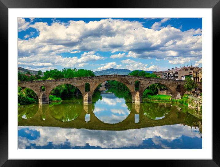 Photography with the Roman bridge and its reflection in the river on the Camino de Santiago Framed Mounted Print by Vicen Photo