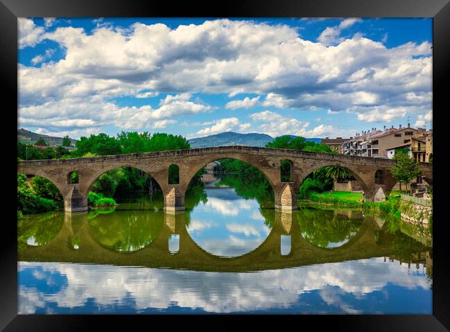 Photography with the Roman bridge and its reflection in the river on the Camino de Santiago Framed Print by Vicen Photo