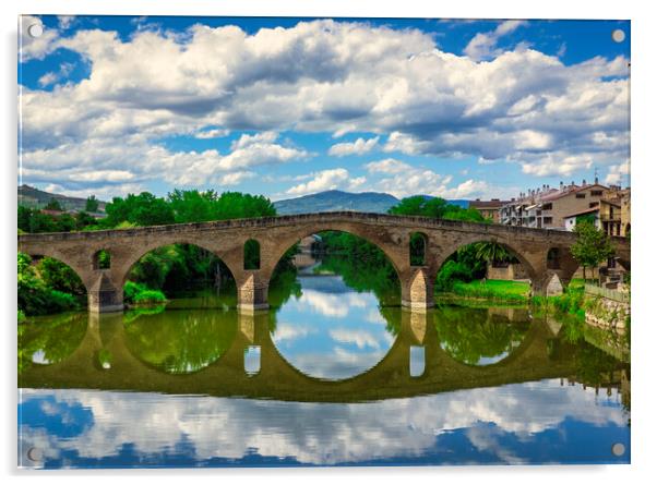 Photography with the Roman bridge and its reflection in the river on the Camino de Santiago Acrylic by Vicen Photo