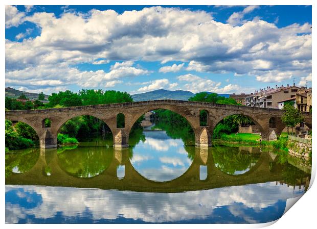 Photography with the Roman bridge and its reflection in the river on the Camino de Santiago Print by Vicen Photo