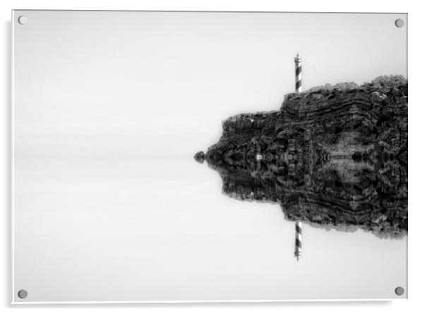 Photography with the reflection of the lighthouse next to the cliff in the sea in black and white Acrylic by Vicen Photo