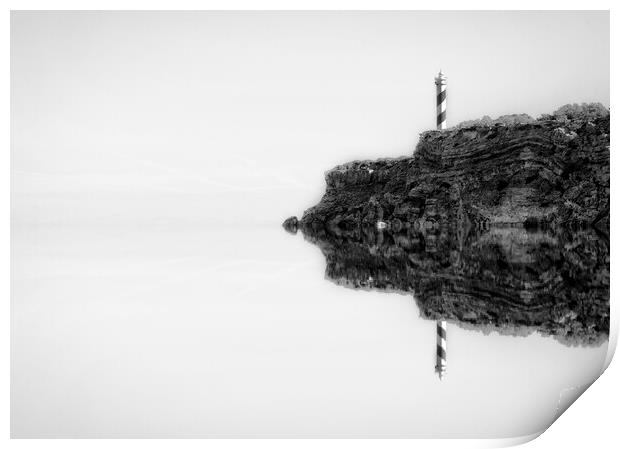 Photography with the reflection of the lighthouse next to the cliff in the sea in black and white Print by Vicen Photo