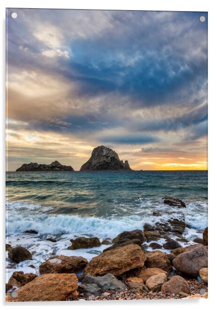 Photography with a multicolored sky at sunset with Es Vedra on the horizon Acrylic by Vicen Photo
