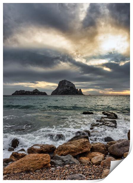 Sunset photography from Cala D´hort with Es Vedra under a cloudy sky Print by Vicen Photo