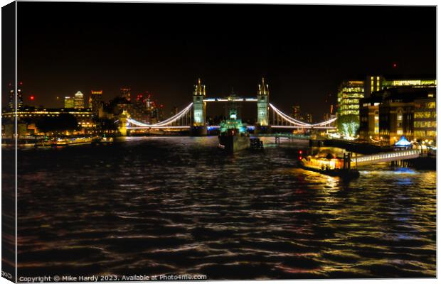 Tower Bridge and HMS Belfast at night Canvas Print by Mike Hardy