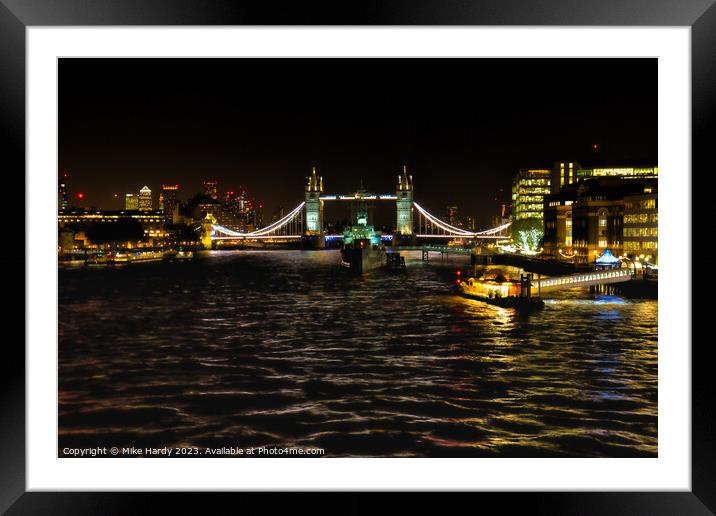 Tower Bridge and HMS Belfast at night Framed Mounted Print by Mike Hardy