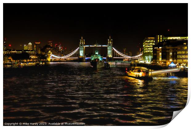 Tower Bridge and HMS Belfast at night Print by Mike Hardy