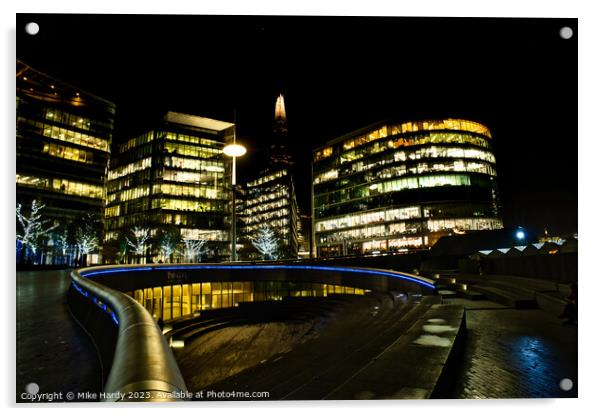 London Shard behind illuminated buildings on the Thames Acrylic by Mike Hardy