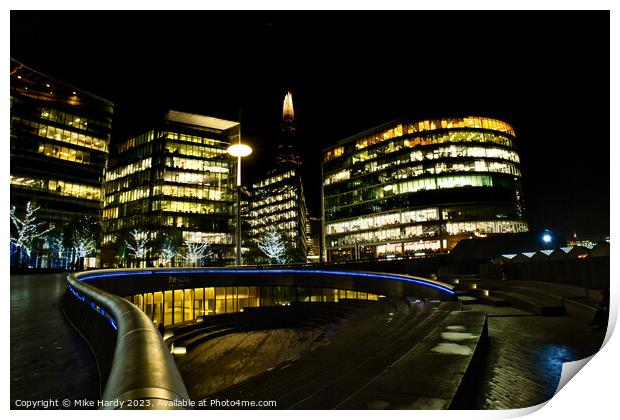 London Shard behind illuminated buildings on the Thames Print by Mike Hardy