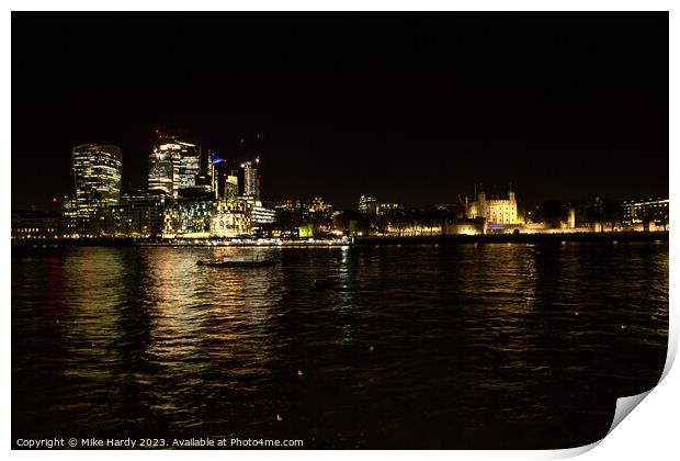 London buildings at night on the banks of the Thames Print by Mike Hardy