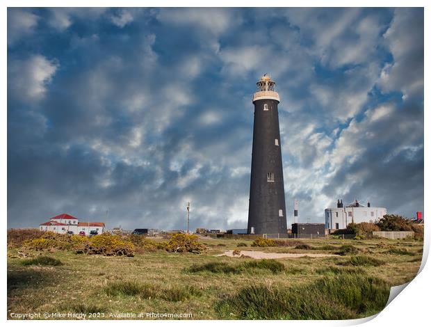 Dungeness Lighthouses under moody skies. Print by Mike Hardy