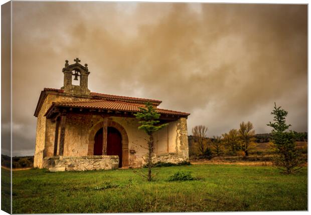Photograph with a lonely hermitage in Soria under a cloudy sky Canvas Print by Vicen Photo