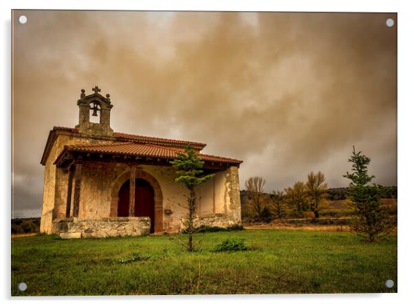 Photograph with a lonely hermitage in Soria under a cloudy sky Acrylic by Vicen Photo