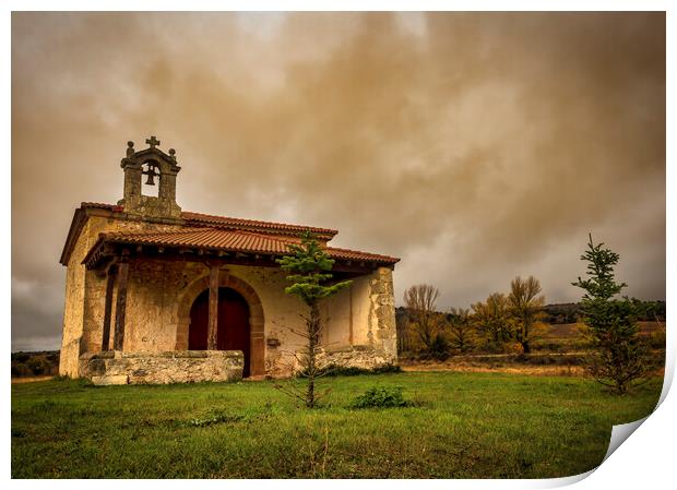 Photograph with a lonely hermitage in Soria under a cloudy sky Print by Vicen Photo