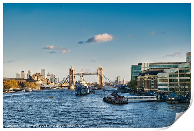 HMS Belfast and Tower Bridge Print by Mike Hardy