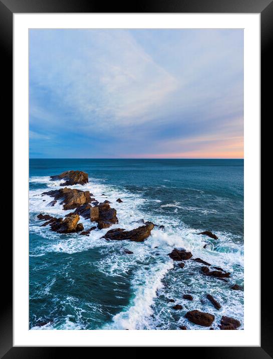 Photography with the rough sea in a cloudy sunset in Zarautz Framed Mounted Print by Vicen Photo