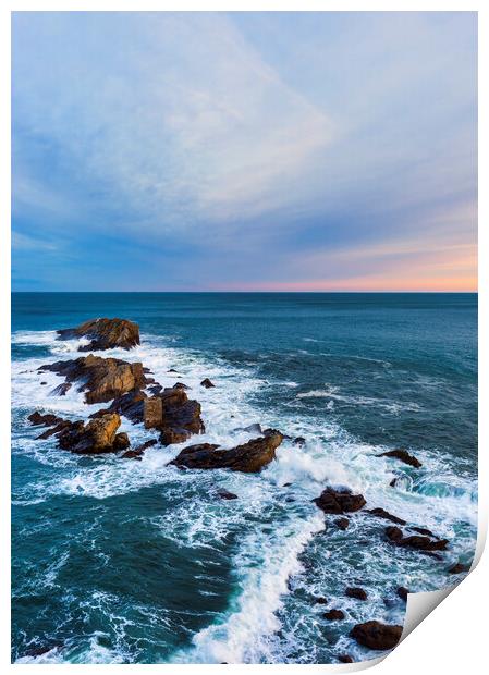 Photography with the rough sea in a cloudy sunset in Zarautz Print by Vicen Photo