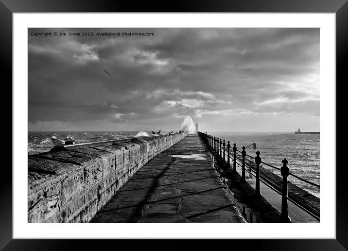January storm on Tynemouth pier - Monochrome Framed Mounted Print by Jim Jones