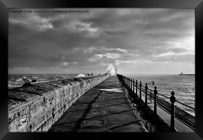 January storm on Tynemouth pier - Monochrome Framed Print by Jim Jones