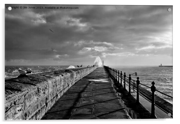January storm on Tynemouth pier - Monochrome Acrylic by Jim Jones