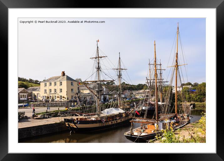 Tall Ships in Dock Charlestown Cornwall  Framed Mounted Print by Pearl Bucknall
