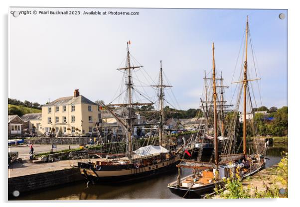 Tall Ships in Dock Charlestown Cornwall  Acrylic by Pearl Bucknall