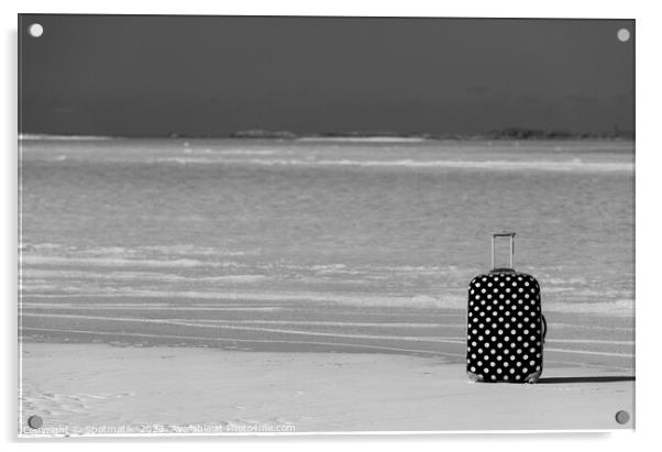 Red polka dot travel suitcase on sand beach Acrylic by Spotmatik 