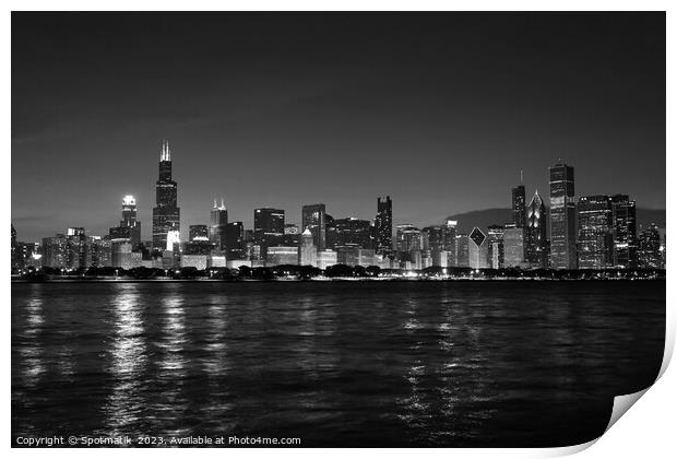 Chicago illuminated view at dusk city skyscrapers USA Print by Spotmatik 