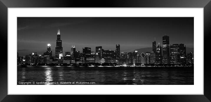 Panorama of Chicago city skyscrapers illuminated at dusk Framed Mounted Print by Spotmatik 
